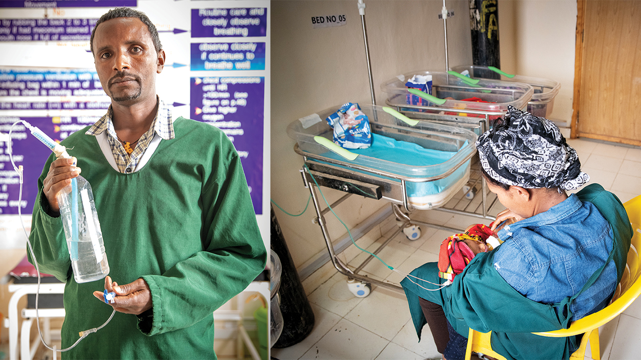 Collage de fotos. izquierda: enfermera sosteniendo una máquina CPAP improvisada. derecha: persona alimentando a un bebé prematuro en la UCIN