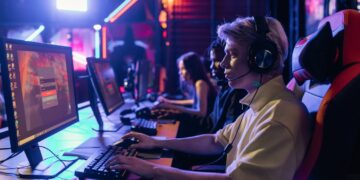 Familia jugando a videojuegos juntos en el salón de casa